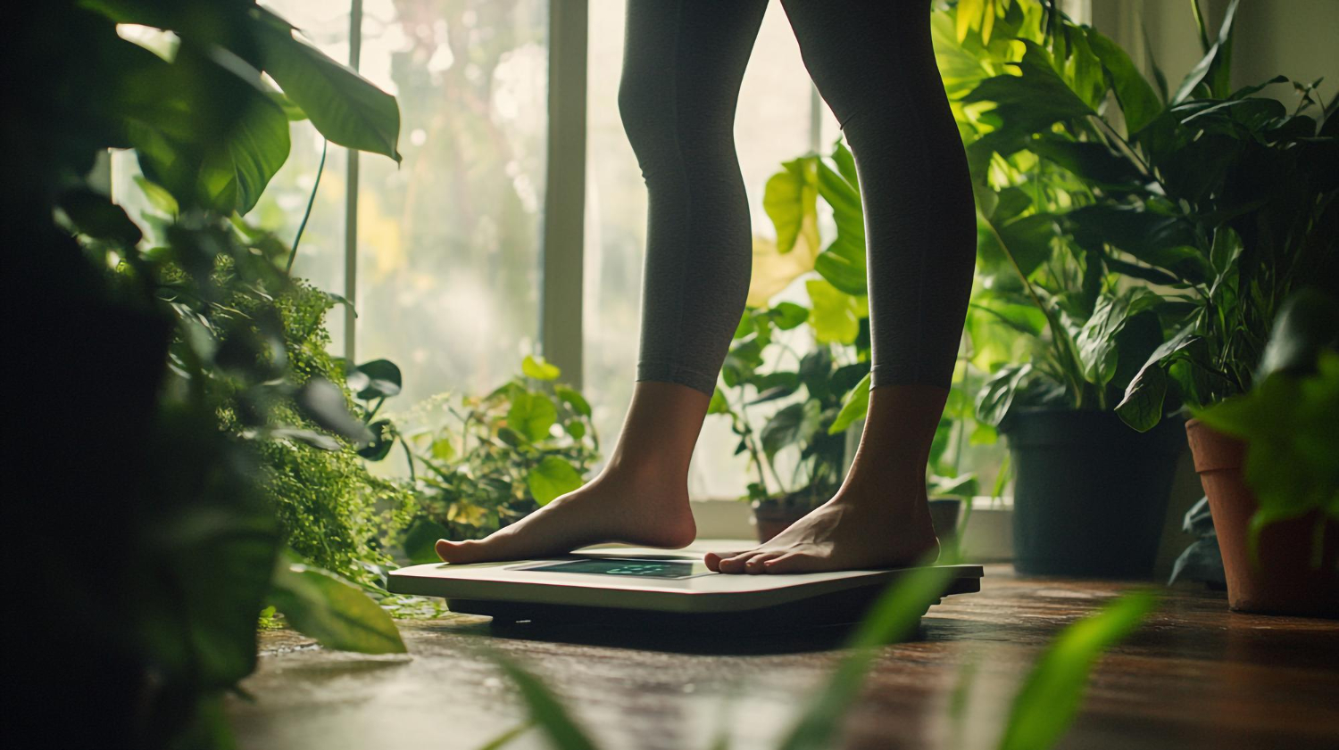 Hatékony étvágycsökkentők webshop témájú kép, nő áll mérlegen világos, növényekkel körülvett otthoni környezetben testsúlyellenőrzés közben.