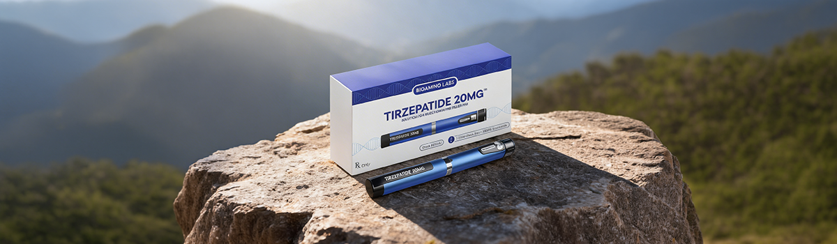 Bioamino Labs tirzepatide injekció 20 mg előretöltött toll Bioamino Labs tirzepatide injekció 20 mg előretöltött toll és csomagolás hegyi környezetben