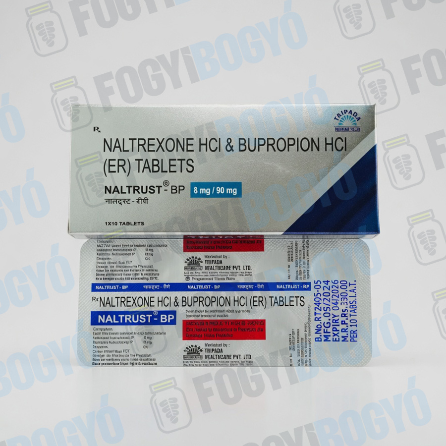 Mysimba 8/90 mg generikus NALTRUST-BP tabletta doboza és blisztere fehér háttéren részletes termékfotón.