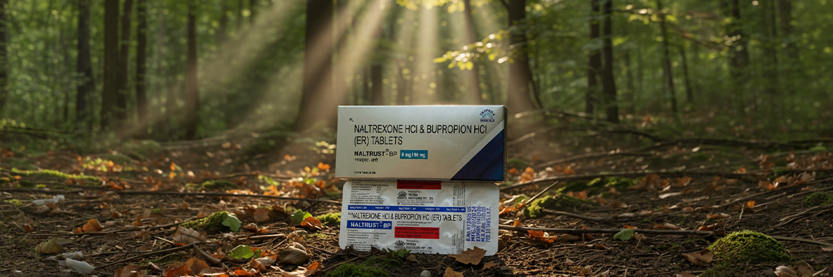 Mysimba 8/90 mg generikus NALTRUST-BP tabletta erdei környezetben, természetes fényben fotózva testsúlykezelés témájú termékképhez.