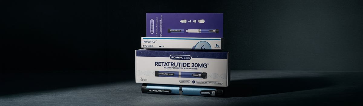Retatrutide 20mg fogyókúrás toll előretöltött injekciós toll sötét háttérrel