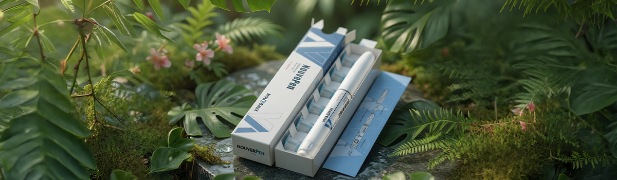 Retatrutide 40mg előretöltött toll NouvePen csomagolásban természetes zöld környezetben